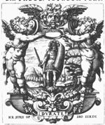 Mountainous landscape with victorious 'Roman' soldier holding a shield and a sword, standing on an orb; two putti hold a wreath of flowers