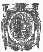 Three men are at work in a printing office: a man rolling ink-balls, a second one is operating a press, a third is seated at a typecase; three visitors (customers?); frame decorated with human heads and coat of arms of Amsterdam with laurel wreath