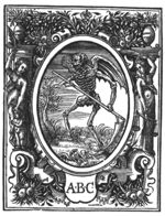 Personification of Death as a winged skeleton holding a scythe; a winged hourglass and a tree; frame decorated with personifications of Charity (woman holding one hand on the head of a child and a palm-branch in the other) and Justice (woman with scales and palm-branch); shield with inscription "A.B.C."