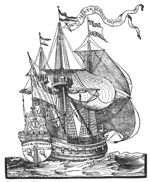 Sailing-ship with an inscribed banderole fixed to one of its masts; coat of arms of Amsterdam on the stern