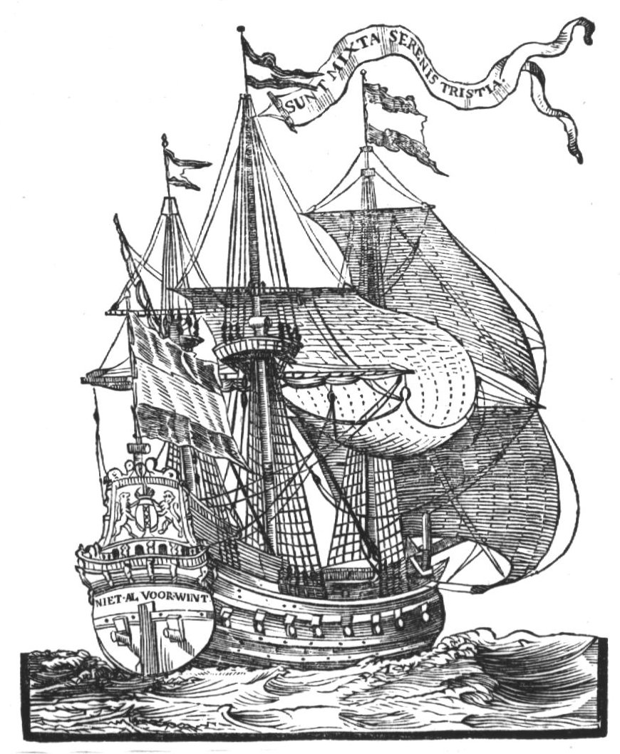 Sailing-ship with an inscribed banderole fixed to one of its masts; coat of arms of Amsterdam on the stern