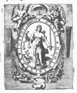 Woman holding a sword and scales (Justice); frame decorated with festoons and putti holding palm-branches; 'Hausmarke' and initials "H.H."