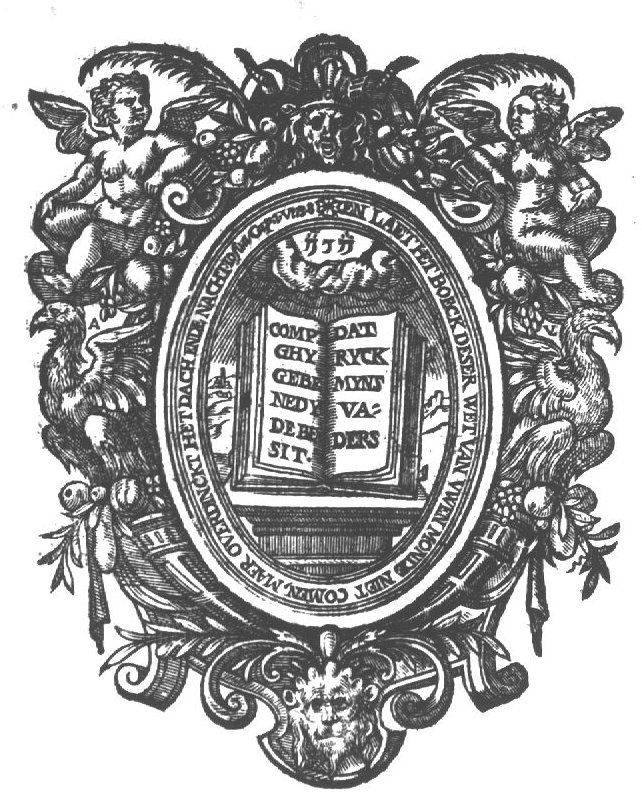 Open book, bible, with text; Jahweh-tetragram; frame decorated with cornucopiae, putti and birds