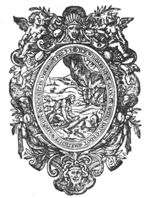Moses taking off his sandals in front of the burning bush, above which a Jawheh-tetragram appears; frame decorated with putti and birds