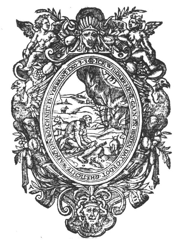 Moses taking off his sandals in front of the burning bush, above which a Jawheh-tetragram appears; frame decorated with putti and birds