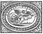 Woman flying over a landscape, blowing a trumpet and holding a laurel (Fame); decorated frame