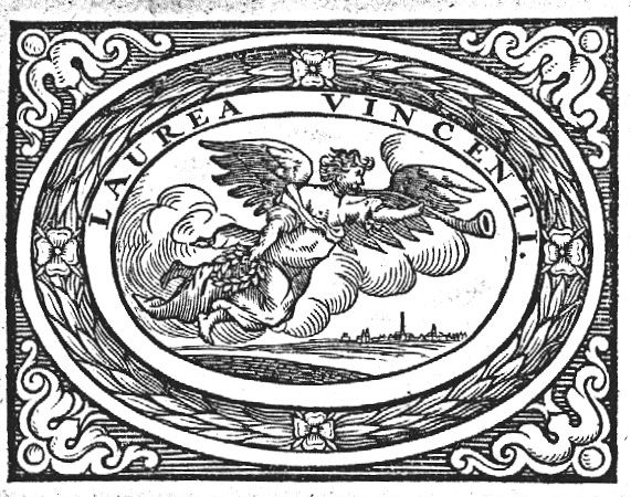 Woman flying over a landscape, blowing a trumpet and holding a laurel (Fame); decorated frame