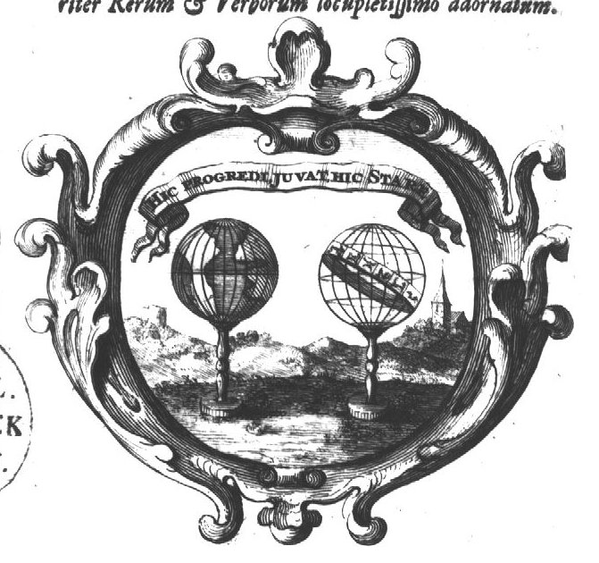 Globe and armillary sphere in a landscape, banderole with inscription; decorated frame