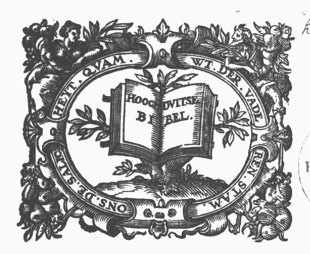 Open book, bible, with text, in front of a tree-trunk (Dutch: 'stam'); frame decorated with festoons and a man and a woman holding cornucopiae