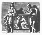 A sitting man (scientist) in a study reading; Mercury (Caduceus, Petasus) and Minerva (Aegis, lance, helmet)
