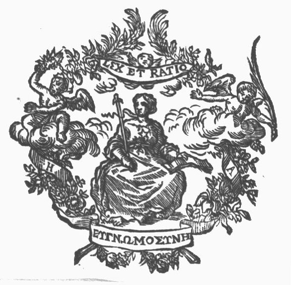 Reasonableness: a sitting woman with a staff, written material (book?) and a star on her chest; frame of branches and banderoles with inscription; initials "H.A."