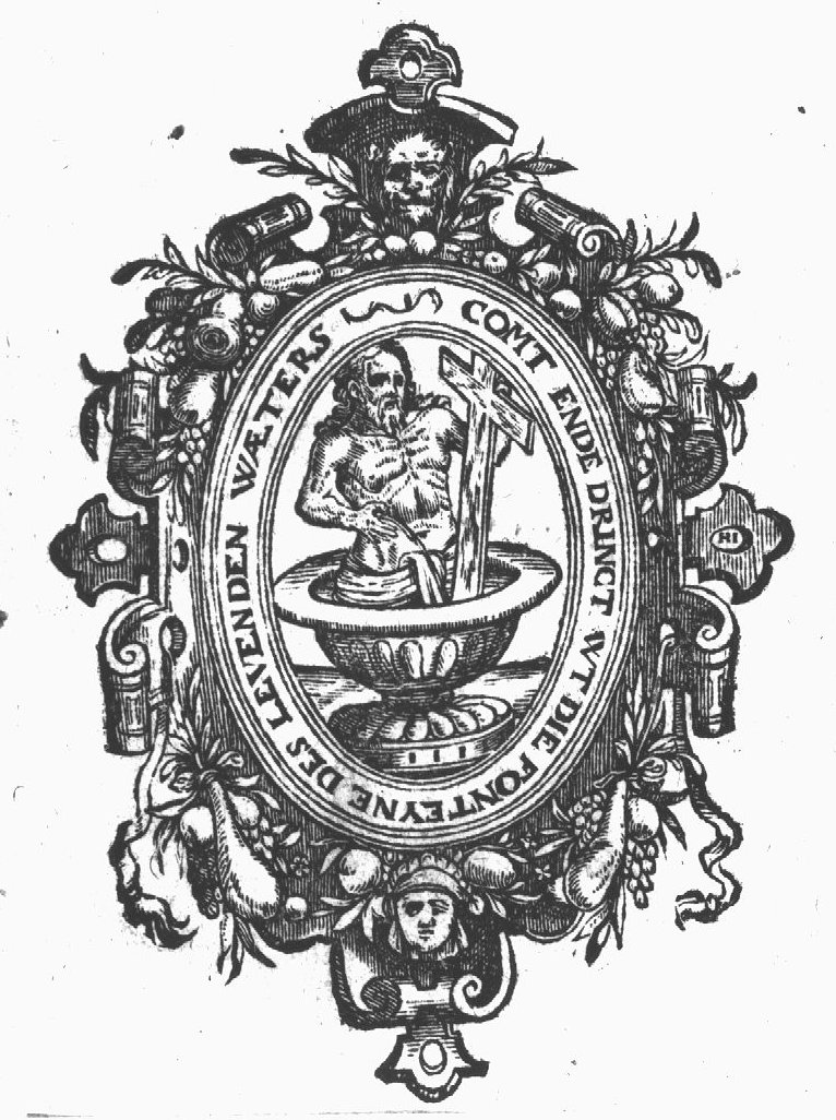 Christ as Man of Sorrows(-variant), holding the cross, in a chalice, shedding his blood; frame decorated with festoons, mascaron, lion's head and fruit