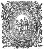 'The Kingdom of Heaven is like treasure hidden in a field': a man digging for a treasure, in the background, and speaking with the man from whom he wants to buy the field, in the foreground; frame decorated with putti holding trumpets, mascaron and lion's head, ram's heads and snakes