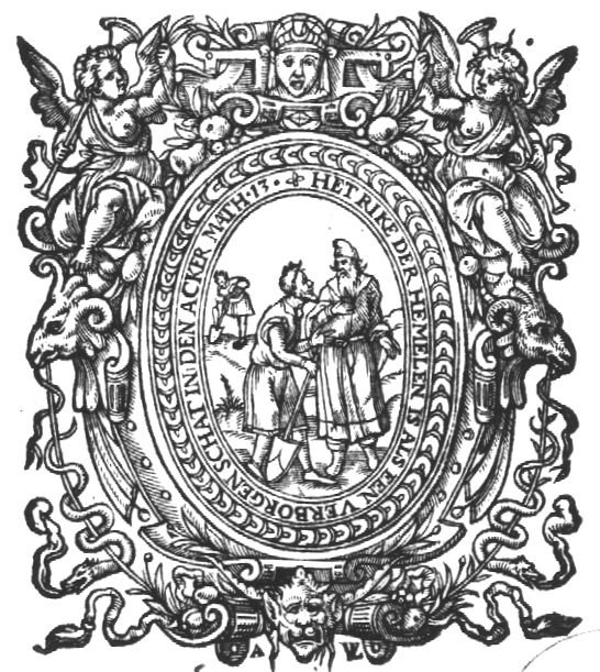 'The Kingdom of Heaven is like treasure hidden in a field': a man digging for a treasure, in the background, and speaking with the man from whom he wants to buy the field, in the foreground; frame decorated with putti holding trumpets, mascaron and lion's head, ram's heads and snakes