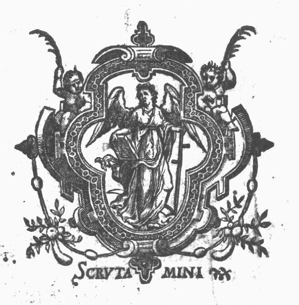 An angel holding a scythe and a book; frame decorated with festoons and putti holding palm-branches