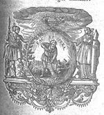 A man spading, in a landscape, framed by a laurel-branch and a palm-branch the frame is held by Strength (a man dressed as a 'Roman' soldier holding a lance and resting one foot on a helmet), and on the other side, by Constancy (a woman holding a broken column); a hand holding a laurel appears from the clouds