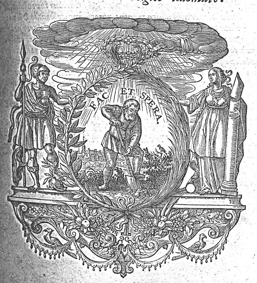 A man spading, in a landscape, framed by a laurel-branch and a palm-branch the frame is held by Strength (a man dressed as a 'Roman' soldier holding a lance and resting one foot on a helmet), and on the other side, by Constancy (a woman holding a broken column); a hand holding a laurel appears from the clouds