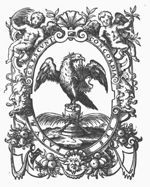 An eagle, holding a bundle of arrows in its beak, standing on a pedestal, to which two palm-branches are attached; frame decorated with putti and festoons