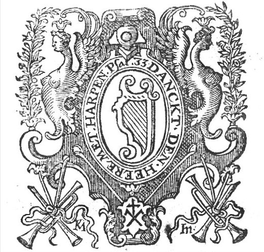 A harp illustrating "psalm 33:2"; frame decorated with hybrids of mixed human and animal shape, foliage, musical instruments, initials "K.v.M" and 'Hausmarke'