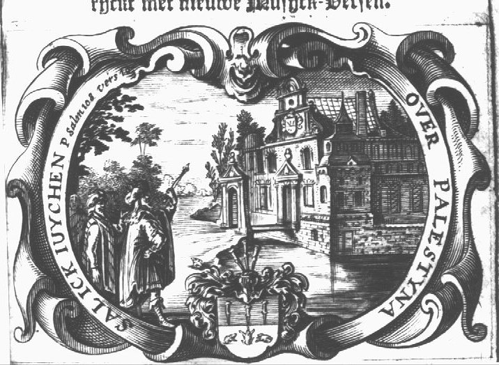 Three men - in 'historical costume' - standing opposite a villa (possibly a representation of a house owned by Jacob Jansz Palensteyn?) with a bridge; one of the men (king David?) pointing at the house with a sceptre; Palensteyn's(?) coat of arms with frogs, which is also attached to the facade of the house; decorated frame
