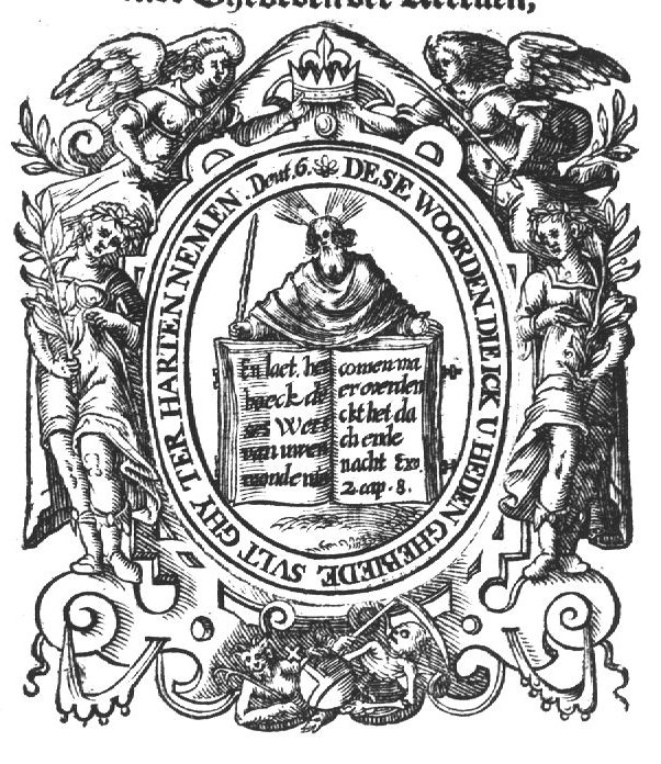 Moses holding up an open book; frame decorated with two angels holding a crown, two women with olive-branches, a devil with a pitchfork, Death as a skeleton with a scythe and an orb