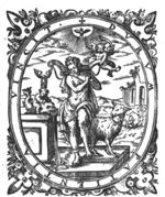 A standing woman carrying a yoke, a chain on the right leg (Patienza, Patience); a sheep; a putto with an anchor over his shoulder, supporting the yoke; a fountain in the shape of a putto(?) riding on a dolphin; on top of the putto a winged hourglass; the water of the fountain is streaming on the chain; a bird (dove?) in the sun; a landscape with Job on the dunghill, tormented by the devil(?); decorated frame