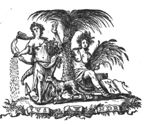 A palm tree; two women (personifications): one is seated with her foot resting on a book, holding an ear of corn, a sickle and a torch; an open book is illustrated with three arrows; the other woman is standing, holding an anchor and a 'cornucopia' with one hand and sowing seeds(?) with the other; a wolf is standing in front of the tree; banderoles with initials "I.V.S.", "A.W.", and "H.D.B."