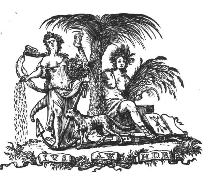A palm tree; two women (personifications): one is seated with her foot resting on a book, holding an ear of corn, a sickle and a torch; an open book is illustrated with three arrows; the other woman is standing, holding an anchor and a 'cornucopia' with one hand and sowing seeds(?) with the other; a wolf is standing in front of the tree; banderoles with initials "I.V.S.", "A.W.", and "H.D.B."