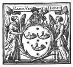 Three hunting horns and five stars in a frame of branches held by two winged women or angels(?); a huntsman (French: 'veneur') blowing a hunting horn on top of the branches; inscribed banderole