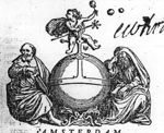 Orb with sitting on the cross a small boy or girl with a fluttering cape, a boy, blowing bubbles; the orb is flanked by two sitting men, both holding a book; one is laughing, the other, his head covered by a veil, is crying