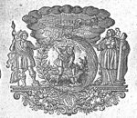 A man spading, in a landscape, framed by a laurel-branch and a palm-branch the frame is held by Strength (a man dressed as a 'Roman' soldier holding a lance and resting one foot on a helmet), and on the other side, by Constancy (a woman holding a broken column); a hand holding a laurel appears from the clouds