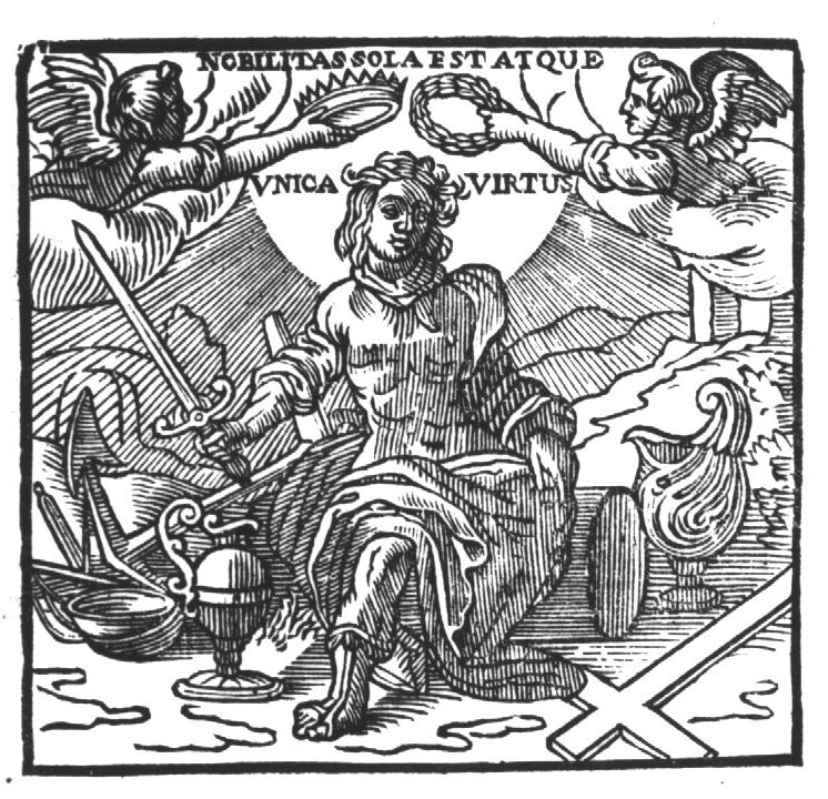 A person sitting on a column, holding a sword (Nobilitas?); two angels (putti) crowning the sitting figure with a crown and a laurel, the sun around the head of the person; placed around the sitting person the following items: anchor, scales, two jars and a cross