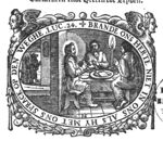 The supper at Emmaus: Christ is recognized while blessing or breaking the bread; in the background Cleopas, Peter and Christ arriving at the inn; frame decorated with festoons and hybrids of mixed human and animal shape; monogram "M.I.B."