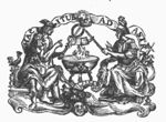 Mercury (with Petasus, Caduceus, Aesculapian sign, a cock on a pile of books) holding the Caduceus, above a fire in a large bowl on a tripod, against the sword of Minerva (helmet, Aegis, sword, owl, burning oil-lamp, fasces, armillary sphere, arrow-heads); an open book(?) above the fire in the middle; sun as a face in the centre of the banderole with inscription; Cornucopia between the feet of Mercury and Minerva