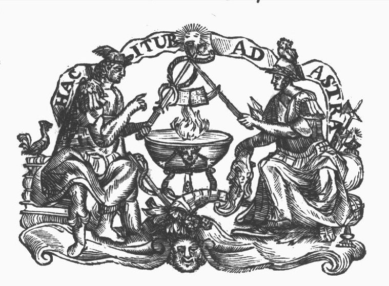Mercury (with Petasus, Caduceus, Aesculapian sign, a cock on a pile of books) holding the Caduceus, above a fire in a large bowl on a tripod, against the sword of Minerva (helmet, Aegis, sword, owl, burning oil-lamp, fasces, armillary sphere, arrow-heads); an open book(?) above the fire in the middle; sun as a face in the centre of the banderole with inscription; Cornucopia between the feet of Mercury and Minerva