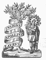 Apollo (playing the lyre) standing next to a laurel around which an inscribed banderole is coiled