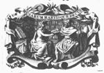 A sitting woman crowned with laurel (Muse?) hands a book to a sitting man (helmet, armour and lance: Mars); a globe, in the background: shelves of books; frame decorated with laurel-branches and inscribed banderole