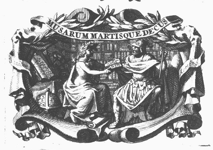 A sitting woman crowned with laurel (Muse?) hands a book to a sitting man (helmet, armour and lance: Mars); a globe, in the background: shelves of books; frame decorated with laurel-branches and inscribed banderole