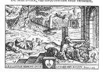 Lazarus' sores are licked by the dogs; in the background three other scenes: three babies on the ground splashing in their blood (illustrating "Ezekiel 16:22"); the angel chasing Adam and Eve from paradise; in the background a group of people fleeing from a fortified city(?); monogram "M.I.B."