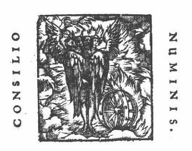 Tetramorph: human figure with wings and four different heads (human head, ox, eagle, lion); flaming wheels to its side