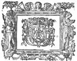 Two greyhounds standing on their hind legs, holding a coat of arms hanging from a tree; frame decorated with branches and mascarons, held by two men(?); the device is surrounded by a larger frame behind which an angel is standing holding scythes; it is furthermore decorated with a personification of Prudence (woman looking in a mirror, holding a snake) and a woman reading; festoons and bowls of fruits; 'Hausmarke' and initials "I.V.G."
