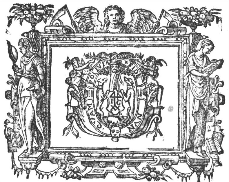 Two greyhounds standing on their hind legs, holding a coat of arms hanging from a tree; frame decorated with branches and mascarons, held by two men(?); the device is surrounded by a larger frame behind which an angel is standing holding scythes; it is furthermore decorated with a personification of Prudence (woman looking in a mirror, holding a snake) and a woman reading; festoons and bowls of fruits; 'Hausmarke' and initials "I.V.G."