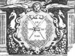 Two crossed quills and a crown; two joined hands; frame decorated with cherub, festoons and hybrid of mixed human and animal shape