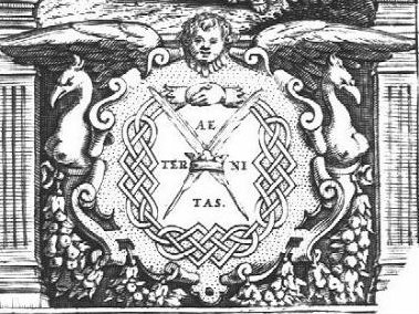 Two crossed quills and a crown; two joined hands; frame decorated with cherub, festoons and hybrid of mixed human and animal shape