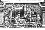 A man setting out plants, a man watering them; wreath of leaves as frame