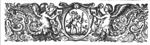 Saint Christopher, with the infant Christ on his shoulders, wading through the water and carrying his staff (palm-tree); a hermit stands on the river bank, a lantern in his hand; hybrids of mixed human, animal and floral shape holding the frame decorated with a mascaron; initials "C.C"