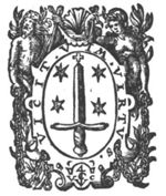 Coat of arms of Haarlem - sword, stars and cross - in a frame decorated with anthropomorphic beings (male and female) holding a chain, 'Hausmarke' and initials "V.C."