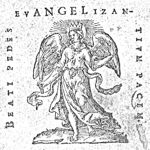 An angel wearing a crown and holding a palm-branch