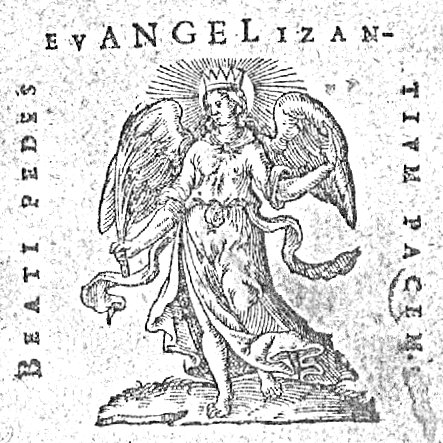 An angel wearing a crown and holding a palm-branch