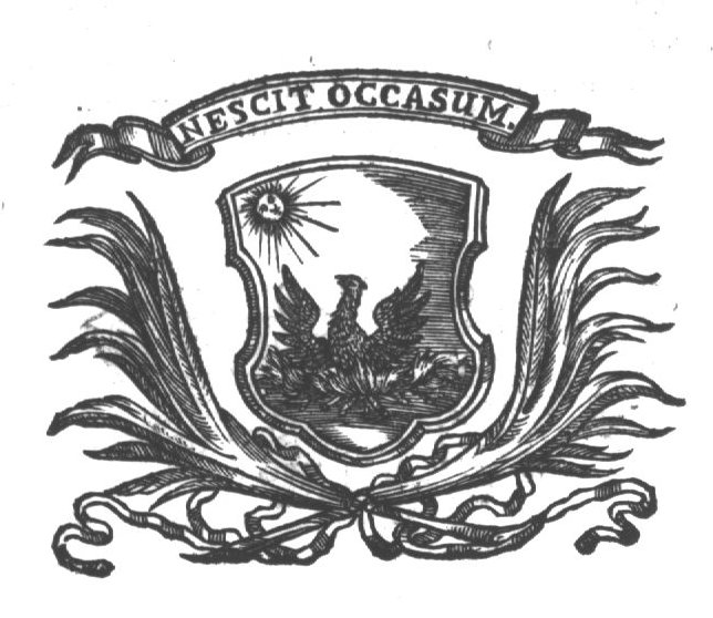 Phoenix looking at the sun, on a shield; crossed palm-branches, banderole with inscription